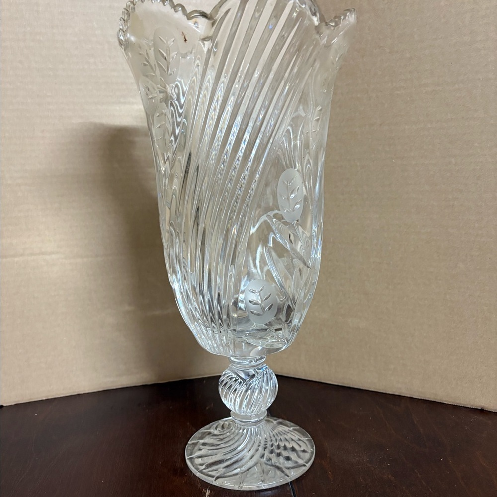 Vintage Polonia 24% Lead Crystal Clear Glass Pedestal Vase 7 pounds